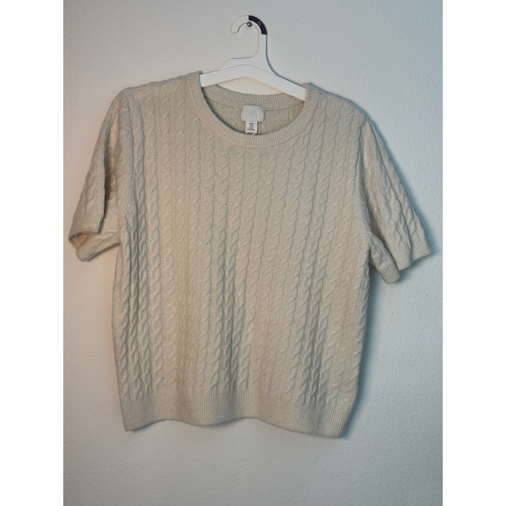 HM Cream Cable Knit Short Sleeve Sweater Crew Neck Off White XL